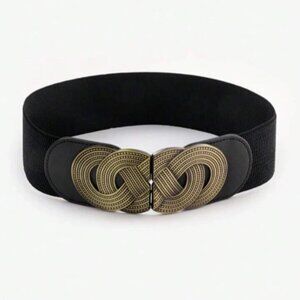 Womens Elastic Wide Black Belt Brass Colored Buckle New